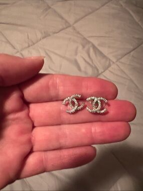 CHANEL Silver Diamond CC Logo Stud Earrings